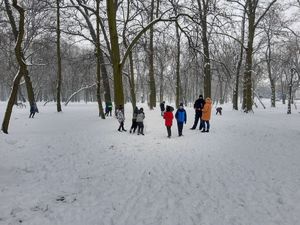 Widok na bawiące się dzieci w śniegu